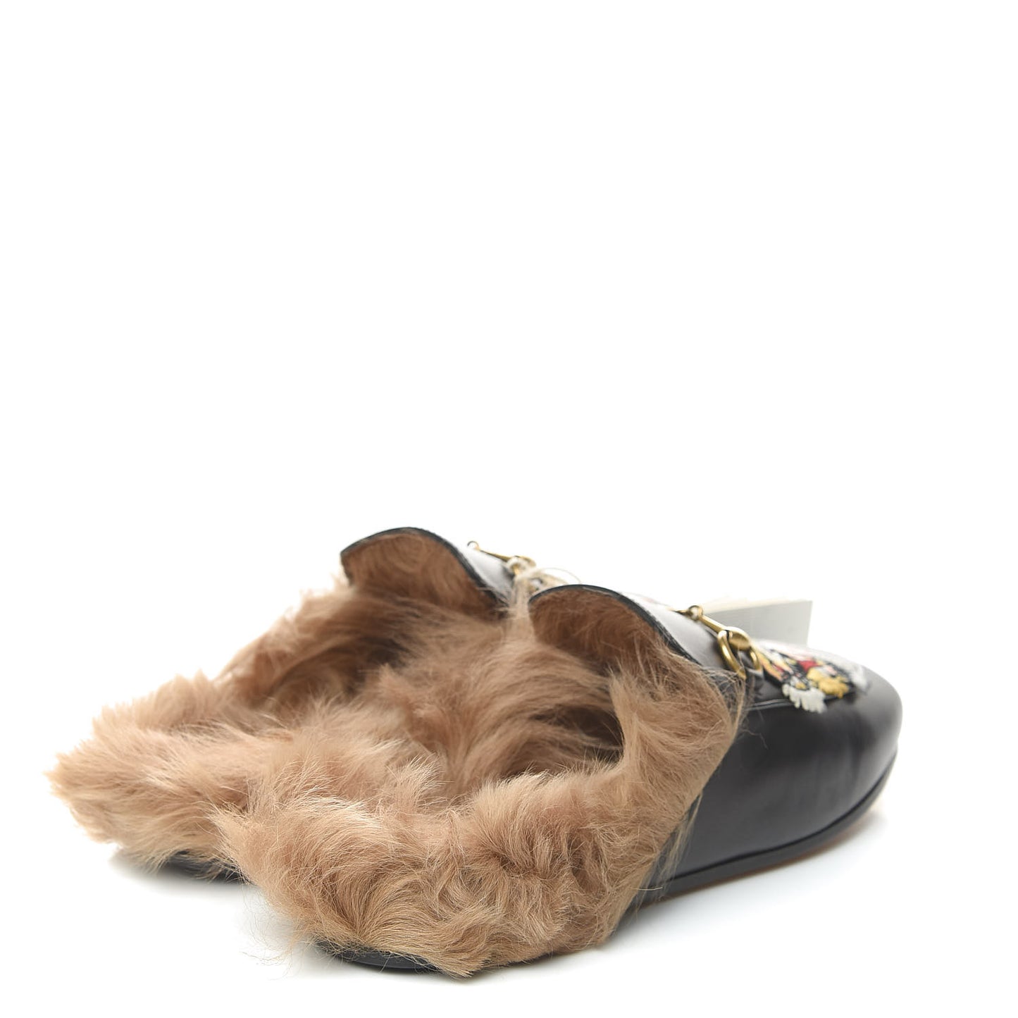 Calfskin Lambswool Tiger Embroidered Womens Princetown Slippers 38 Black