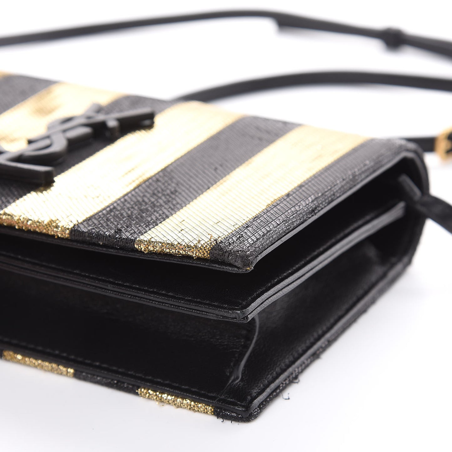 Metallic Calfskin Striped Small Monogram Kate Satchel Black Gold