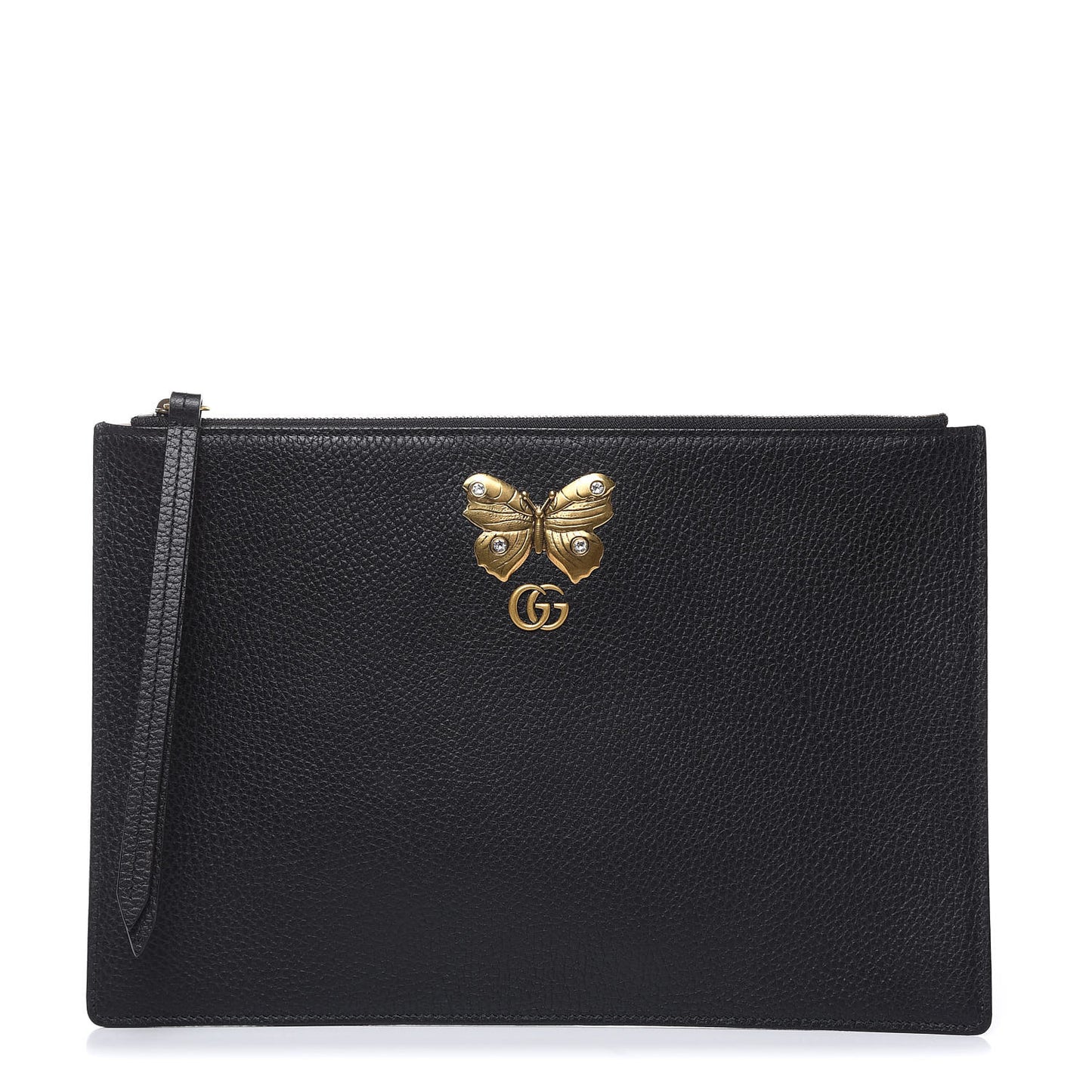 Pebbled Calfskin Butterfly Zip Pouch Black