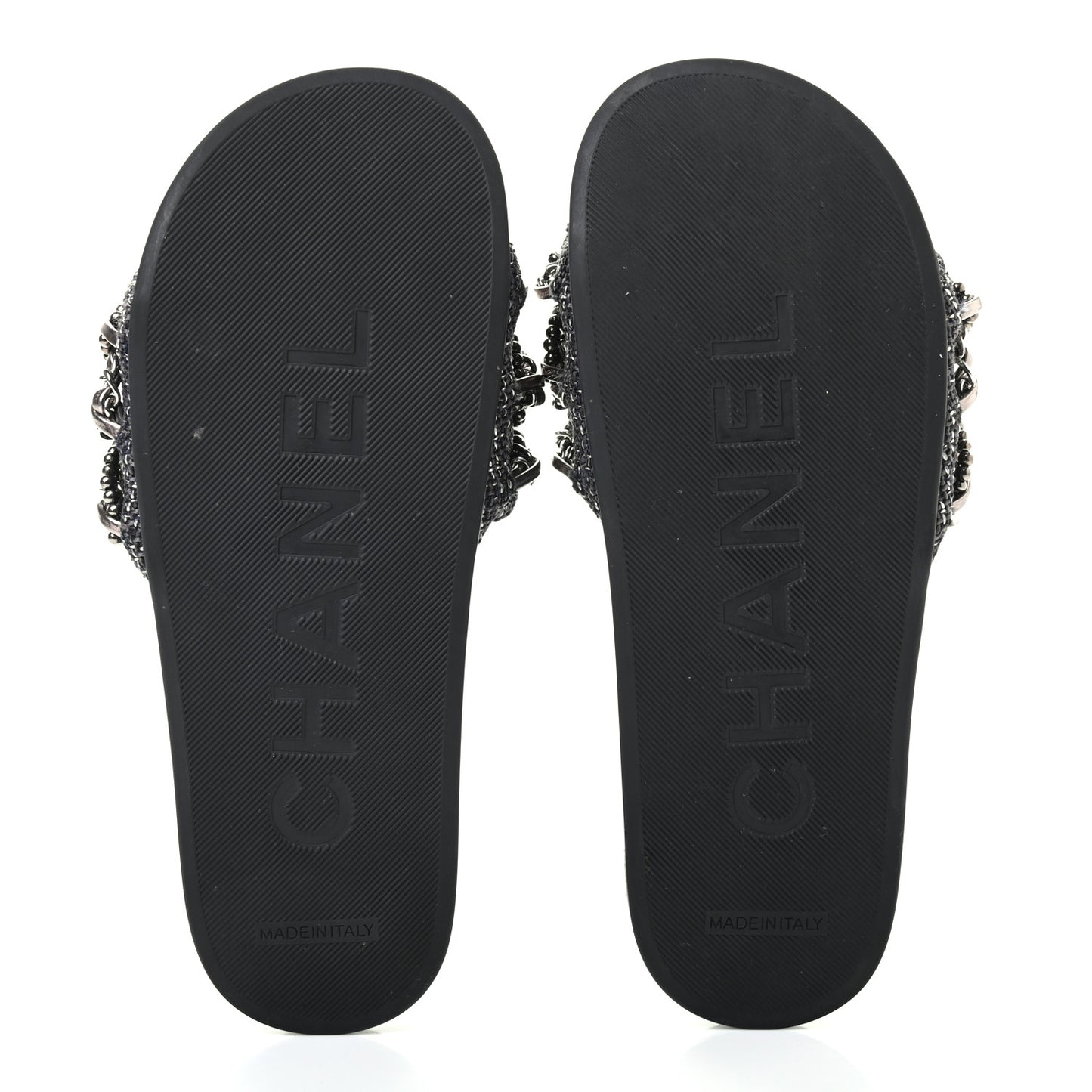 Tweed Lambskin Chain Flat Sandals 36 Silver