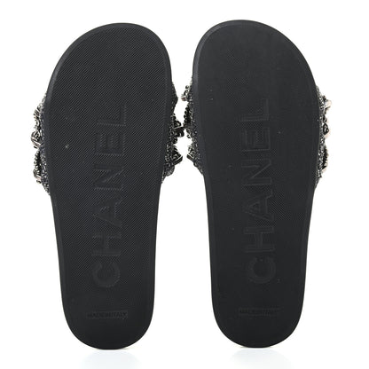 Chanel Tweed Lambskin Chain Flat Sandals 36 Silver 5 of 8