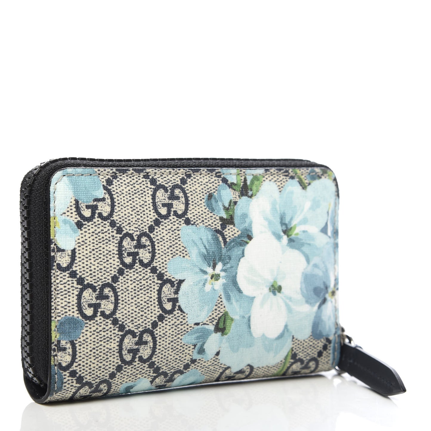 GG Supreme Monogram Blooms Zip Around Card Case Wallet Beige Blue Navy