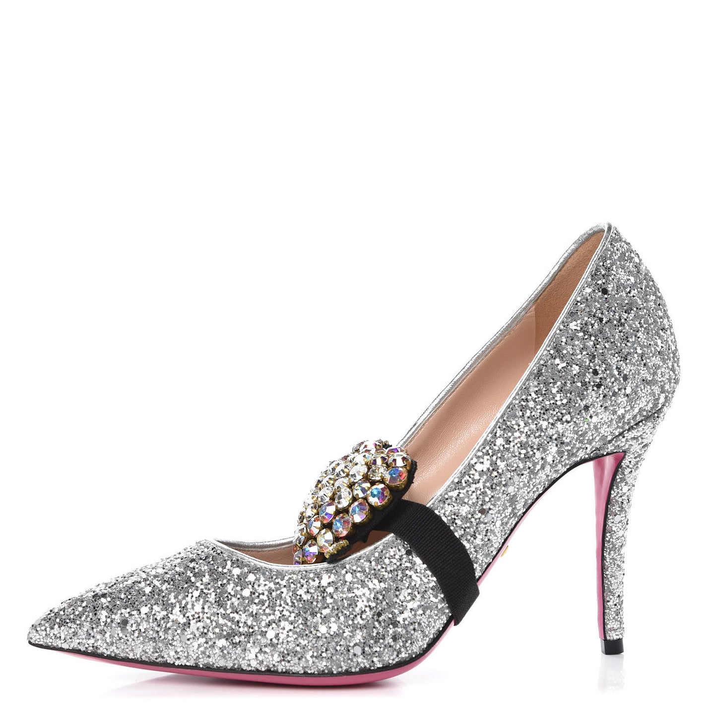 Nappa Glitter Removable Crystal Heart Pumps 39 Argento