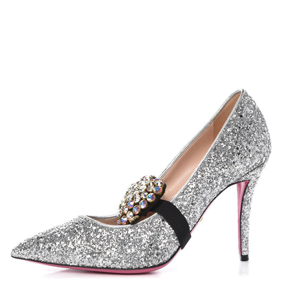 Gucci Nappa Glitter Removable Crystal Heart Pumps 39 Argento 1 of 11