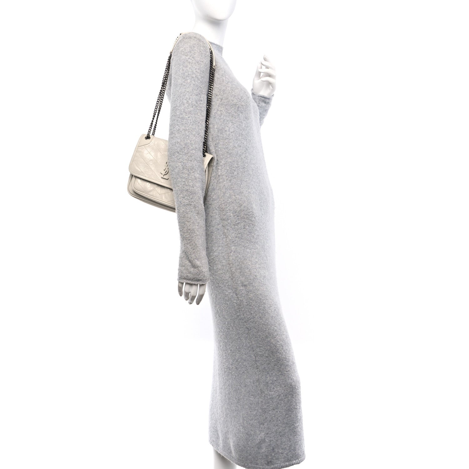 Saint Laurent Crinkled Calfskin Matelasse Monogram Baby Niki Chain Satchel Blanc Vintage 2 of 14