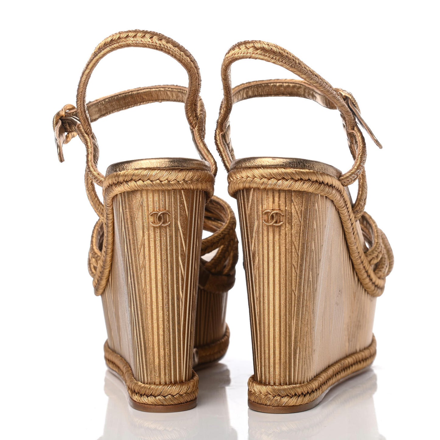 Metallic Woven Fabric Braided Wedge Sandals 38.5 Gold