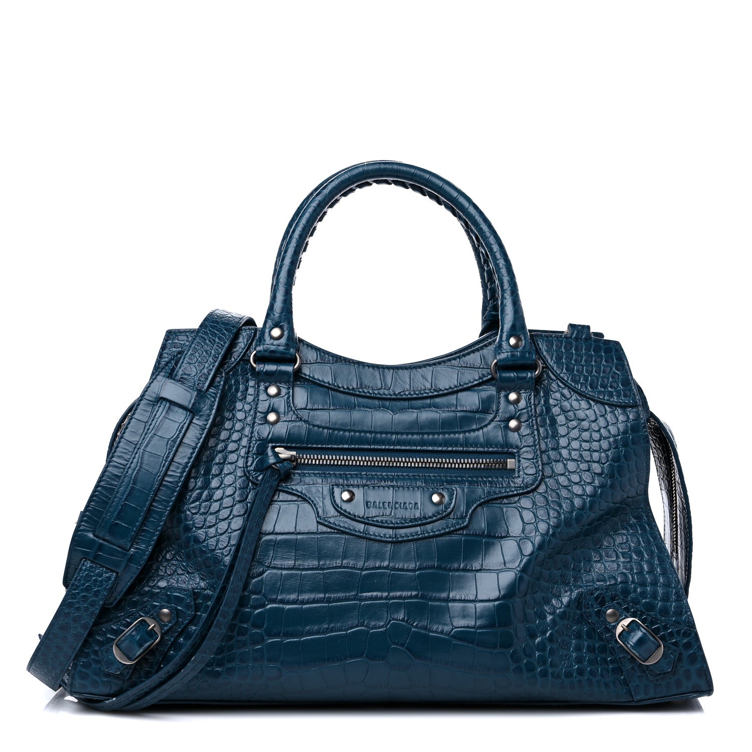 Balenciaga Calfskin Crocodile Embossed Neo Classic Silver Hardware Medium City Dark Petrol Blue 1 of 11