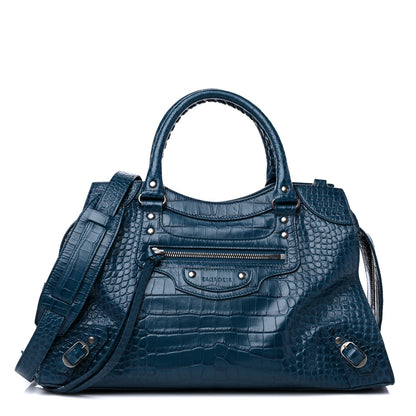 Balenciaga Calfskin Crocodile Embossed Neo Classic Silver Hardware Medium City Dark Petrol Blue 1 of 11