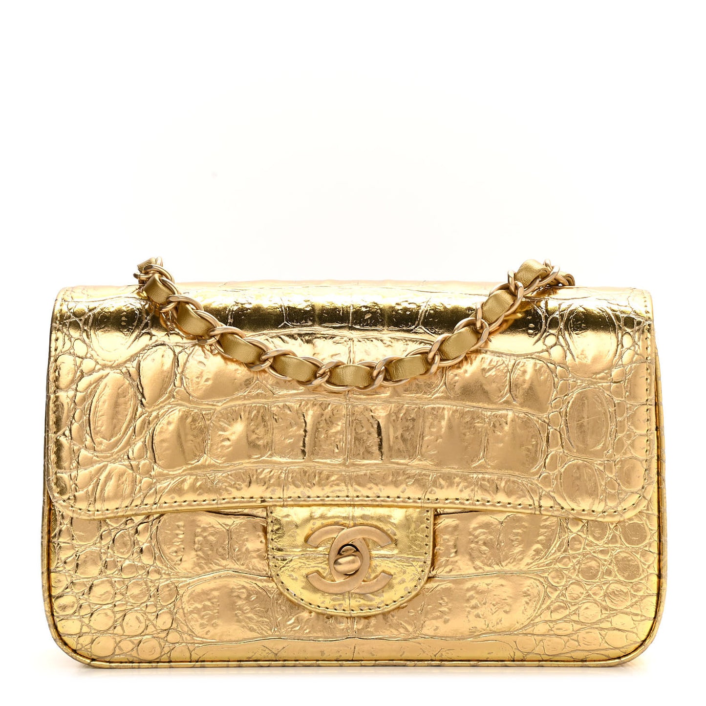 Metallic Calfskin Crocodile Embossed Cocodile Rectangular Mini Flap Gold