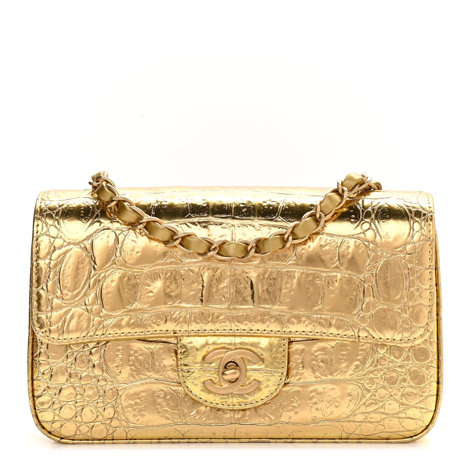 Chanel Metallic Calfskin Crocodile Embossed Cocodile Rectangular Mini Flap Gold 1 of 10