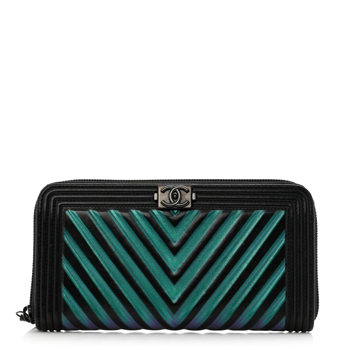 Calfskin Painted Chevron Embossed Large Boy Zip Wallet Black