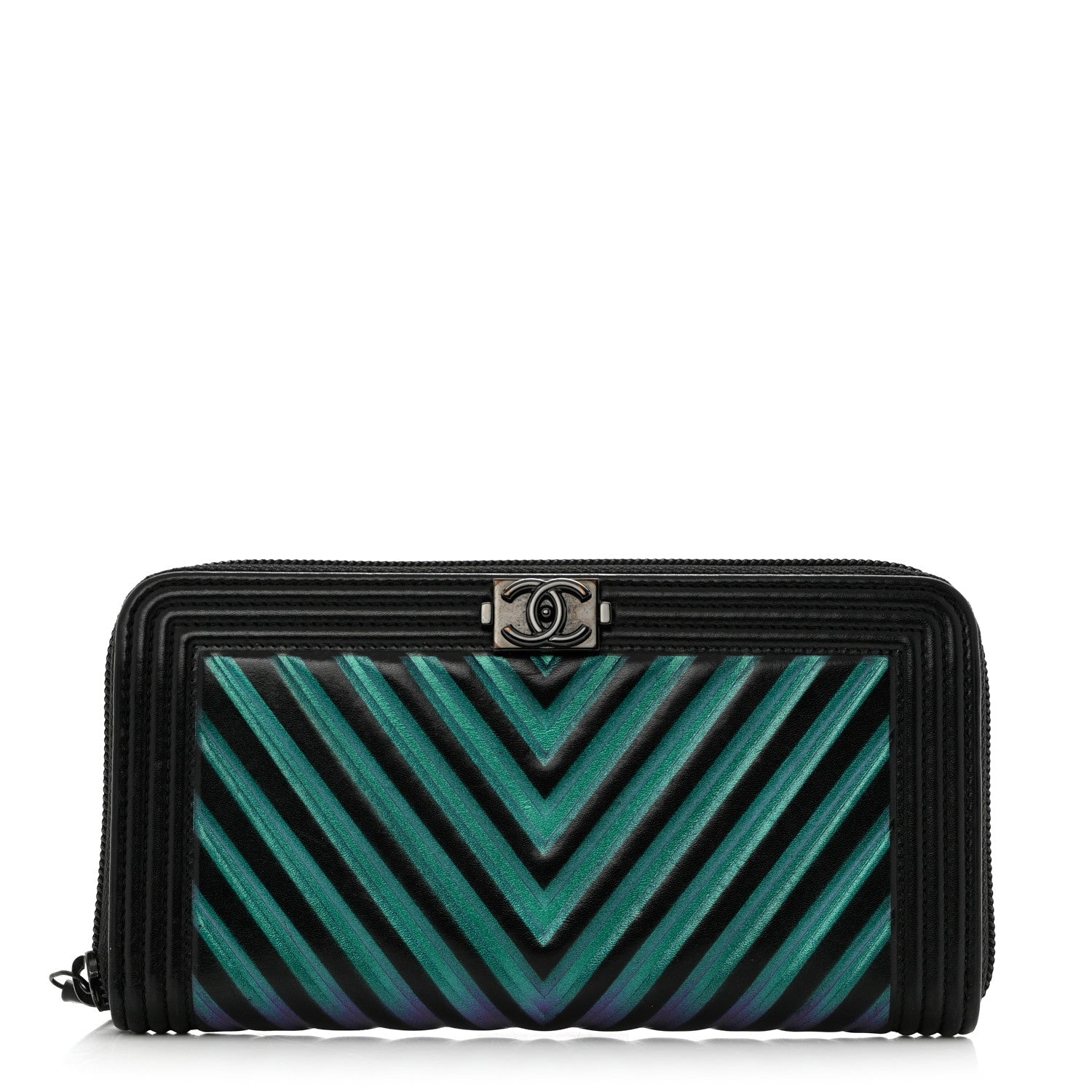 Chanel Calfskin Painted Chevron Embossed Large Boy Zip Wallet Black 1 of 9