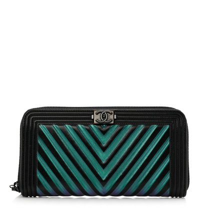 Chanel Calfskin Painted Chevron Embossed Large Boy Zip Wallet Black 1 of 9