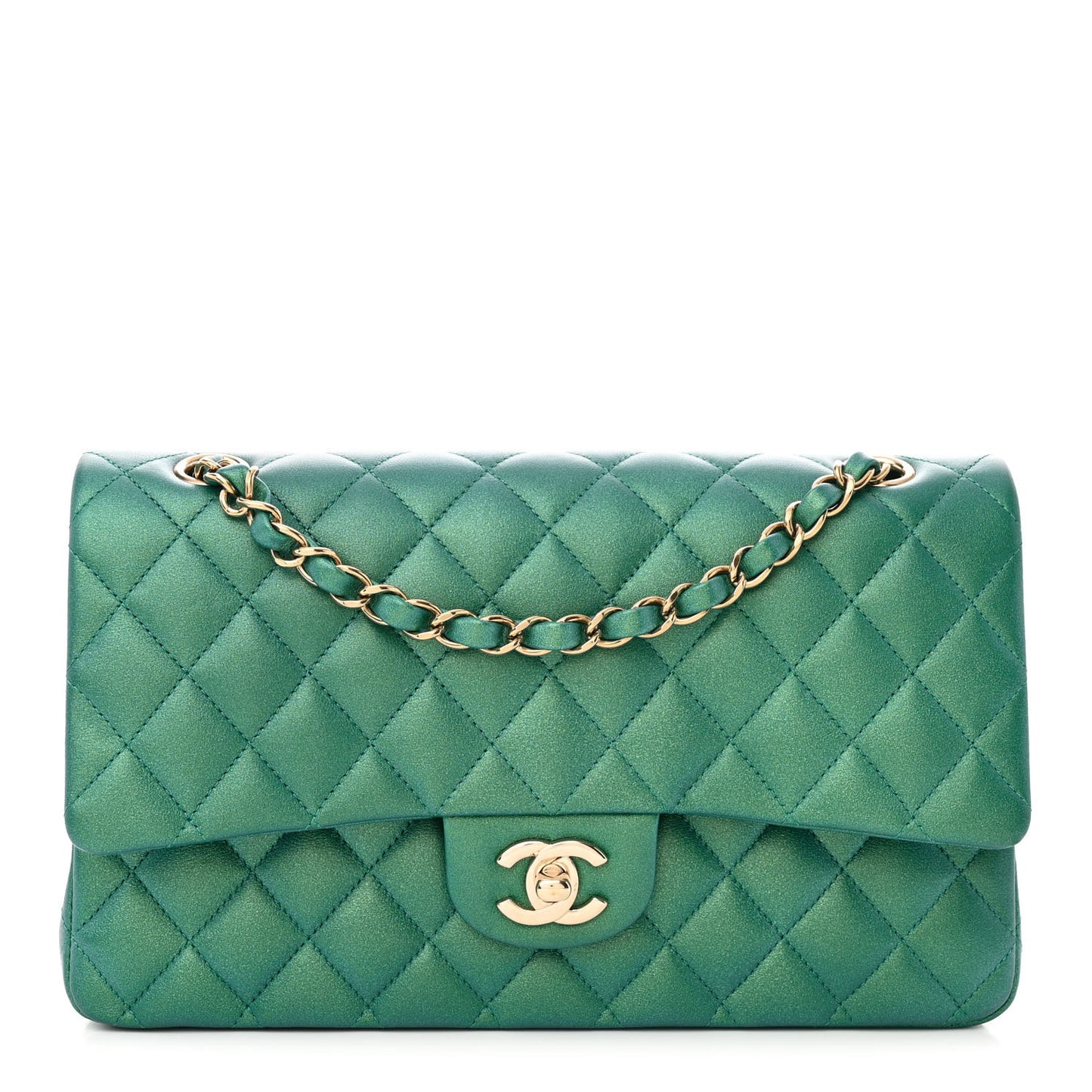 Iridescent Calfskin Quilted Medium Double Flap Green