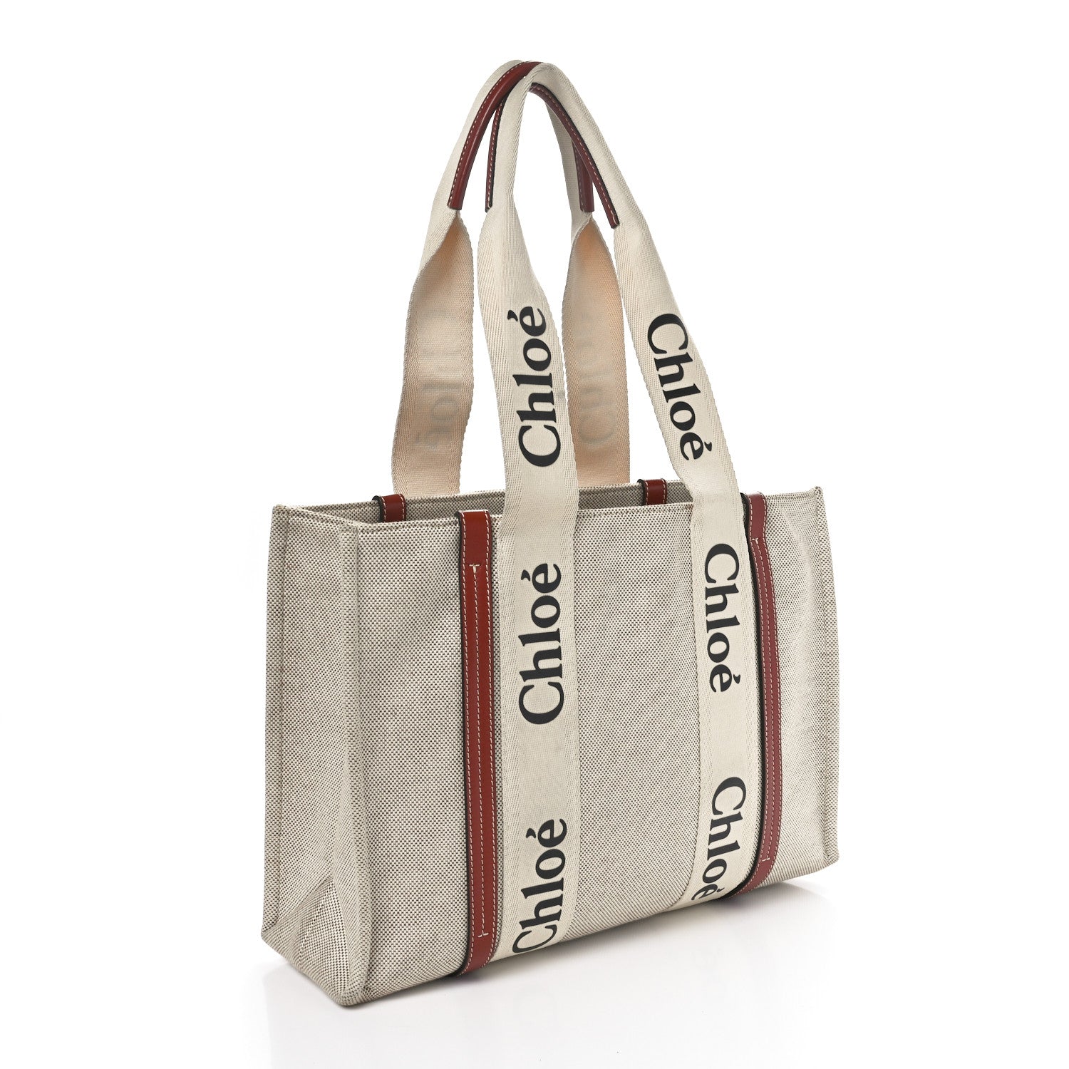 Chloe Linen Calfskin Medium Woody Ribbon Tote White Brown 3 of 9