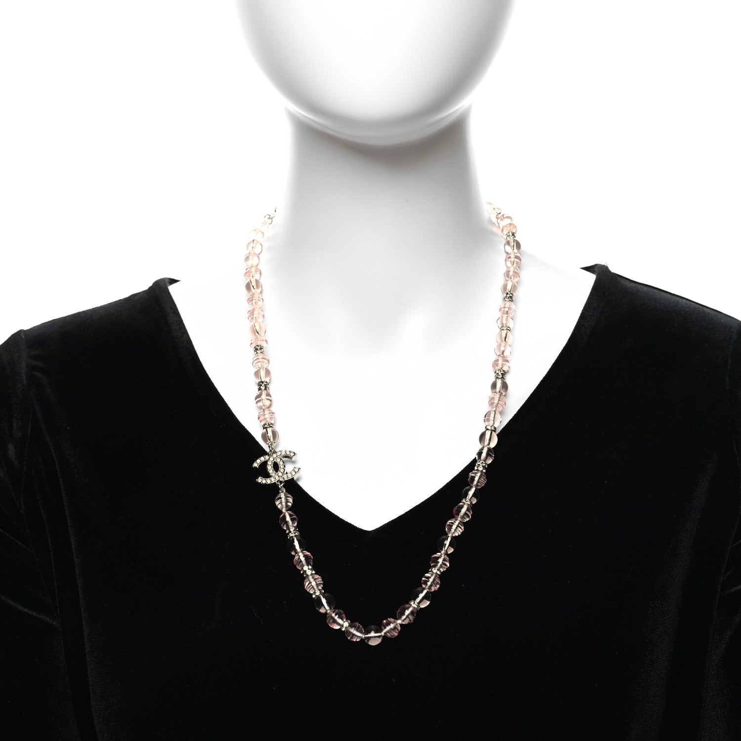 Chanel Resin Bead Crystal CC Necklace Pink Silver 2 of 5