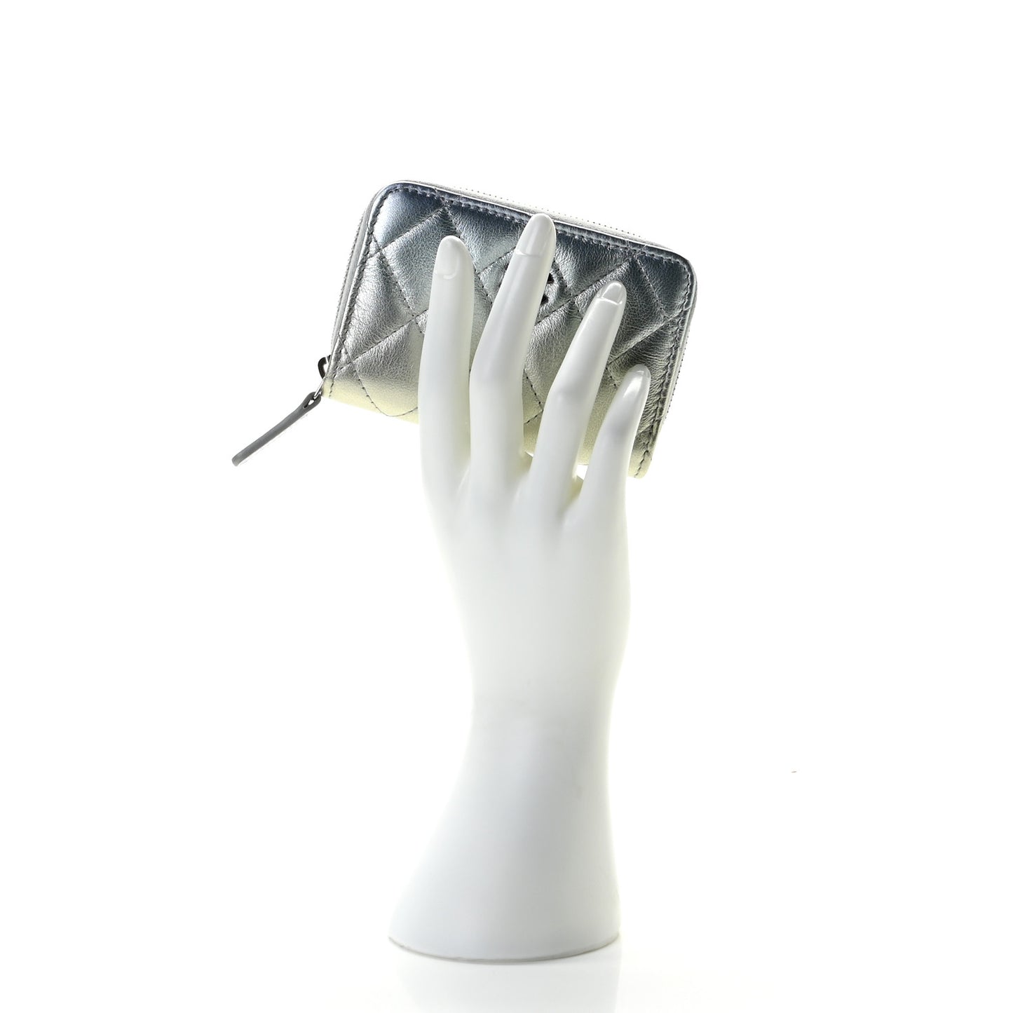 Gradient Metallic Calfskin Quilted Zip Around Coin Purse Wallet Silver Blue Yellow Purple