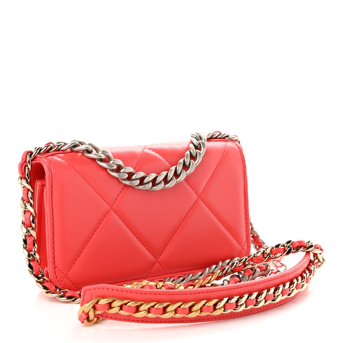 Lambskin Quilted Chanel 19 Flap Phone Holder With Chain Coral