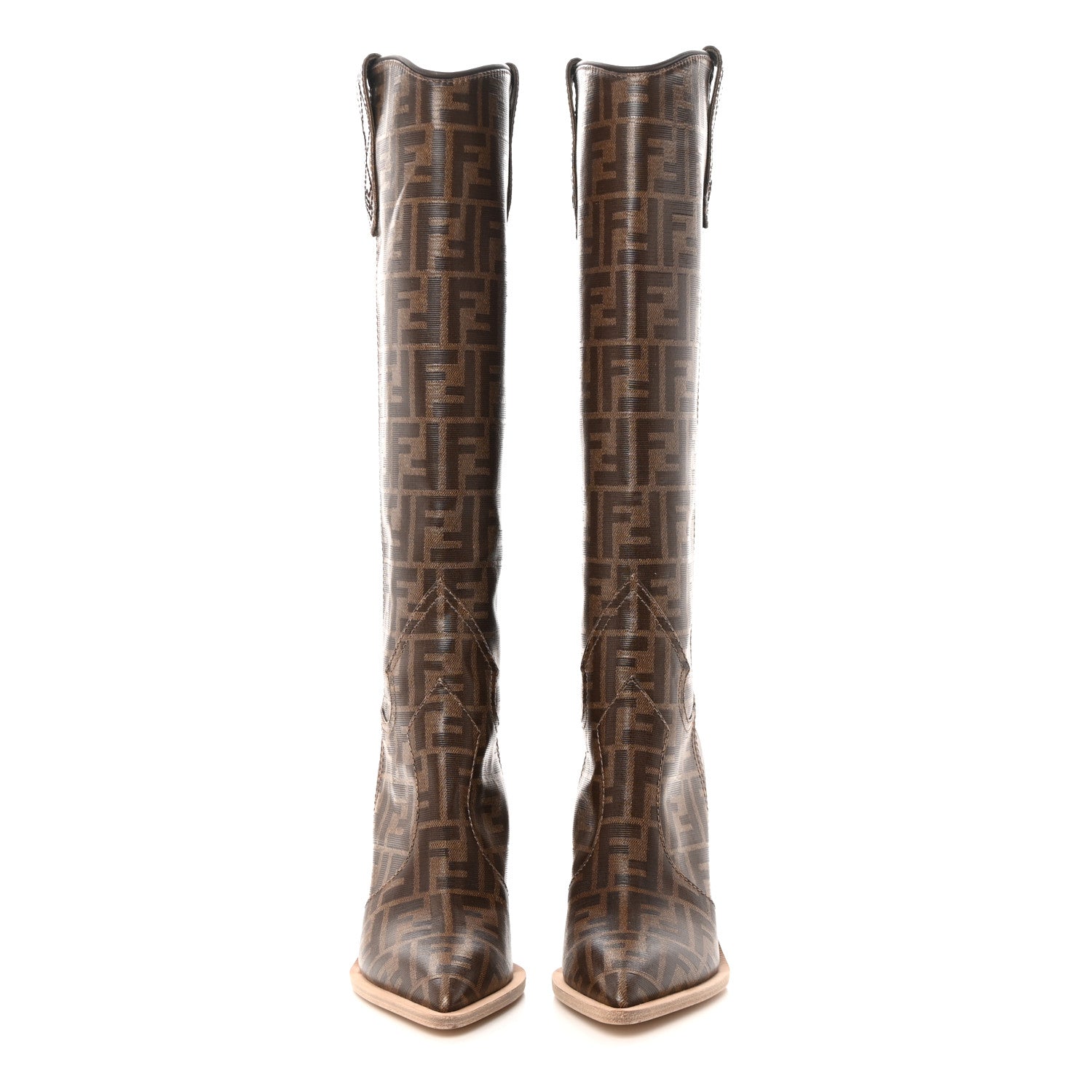 Fendi Glazed Fabric FF 1974 Cutwalk Tall Boots 37 Mogano Panna 2 of 7