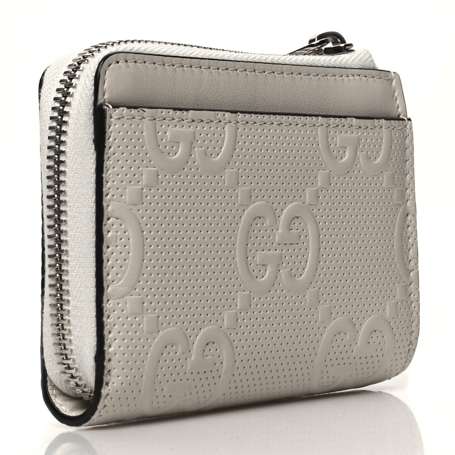 Calfskin GG Tennis Embossed Zip Around Card Case Wallet Mystic White