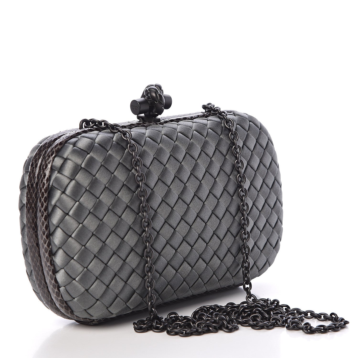 Bottega Veneta Satin Ayers Intrecciato Chain Knot Clutch Grey 3 of 9