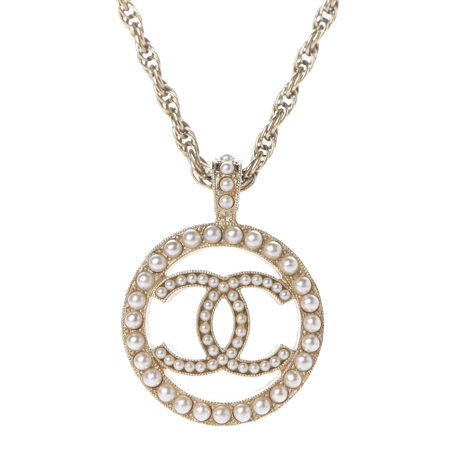 Pearl CC Round Pendant Necklace Gold