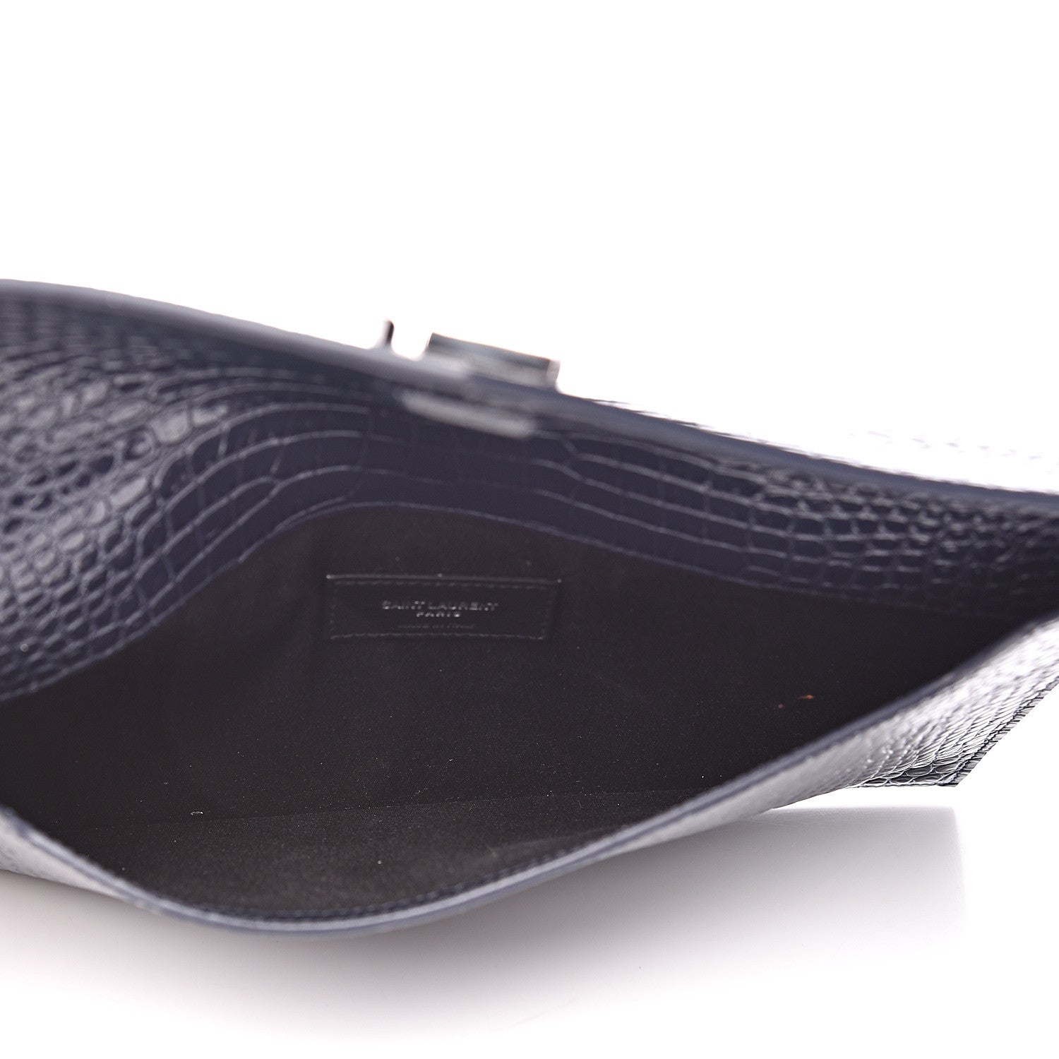 Saint Laurent Calfskin Crocodile Embossed Uptown Monogram Clutch Deep Marine 4 of 6