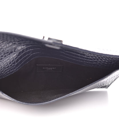 Saint Laurent Calfskin Crocodile Embossed Uptown Monogram Clutch Deep Marine 4 of 6