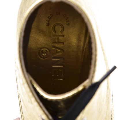 Chanel Metallic Calfskin Cap Toe Lace Up Boots 37.5 Gold Black 8 of 10