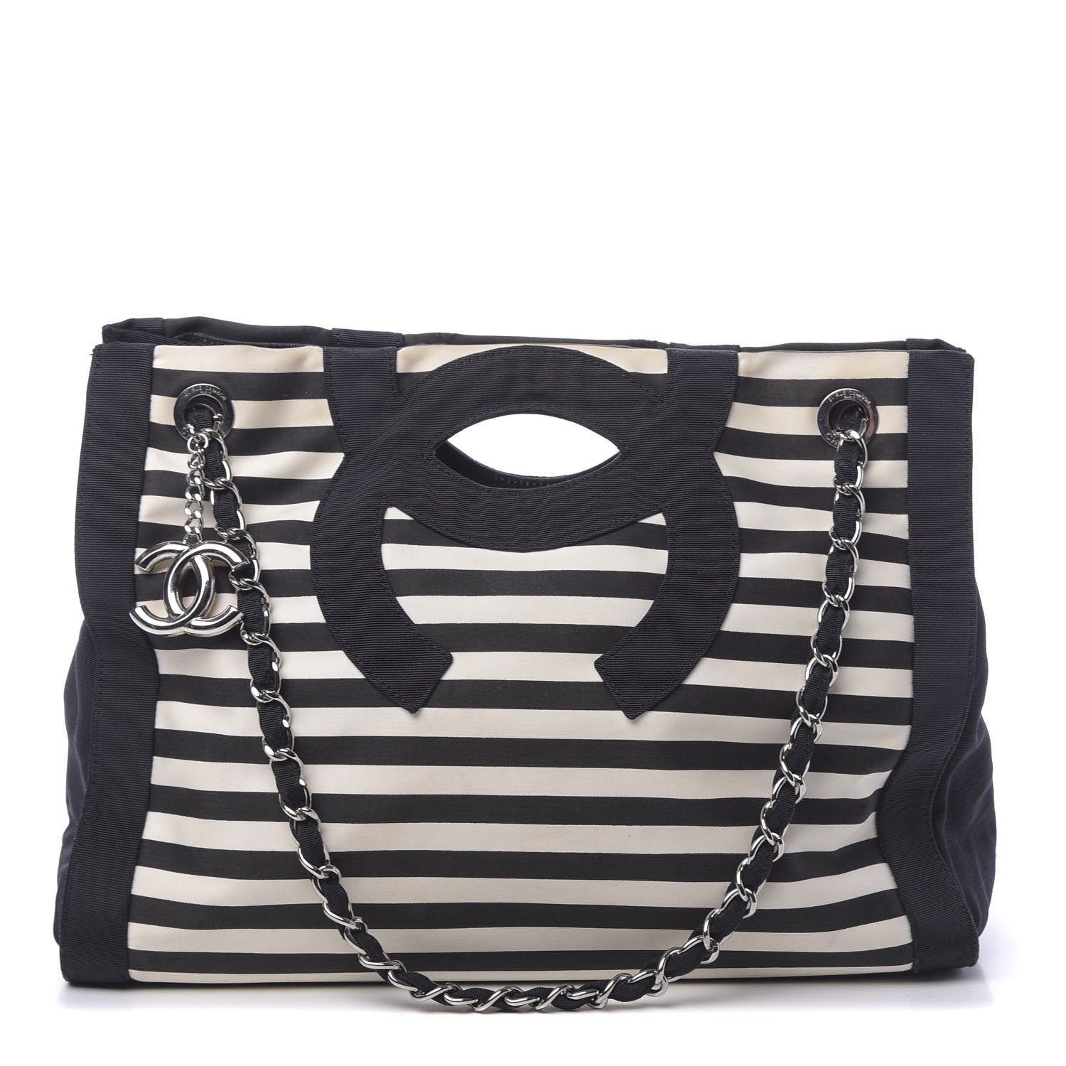 Chanel Striped Canvas CC Shopping Tote Black White 1 of 10