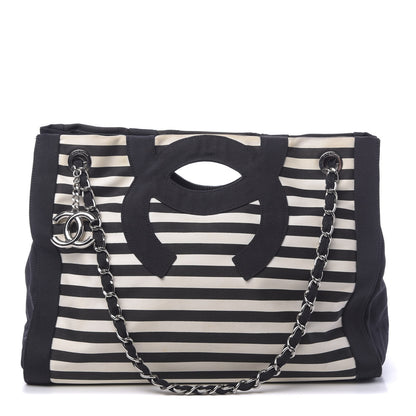 Chanel Striped Canvas CC Shopping Tote Black White 1 of 10