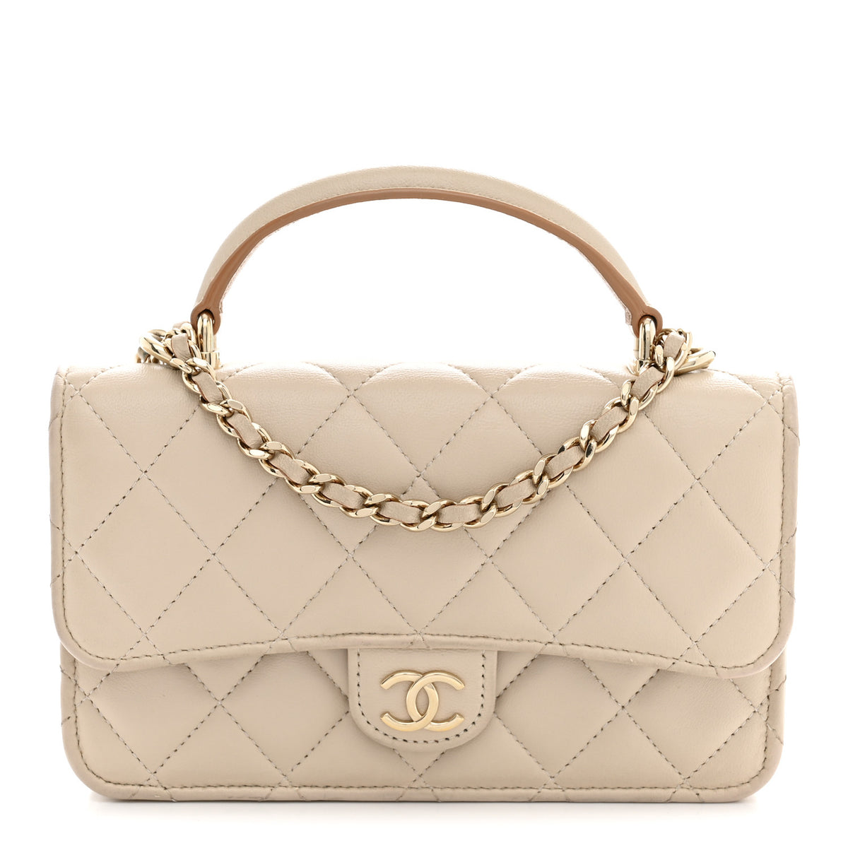 Chanel Lambskin Quilted Flap Phone Holder With Chain Ecru Dark Beige 1 of 12