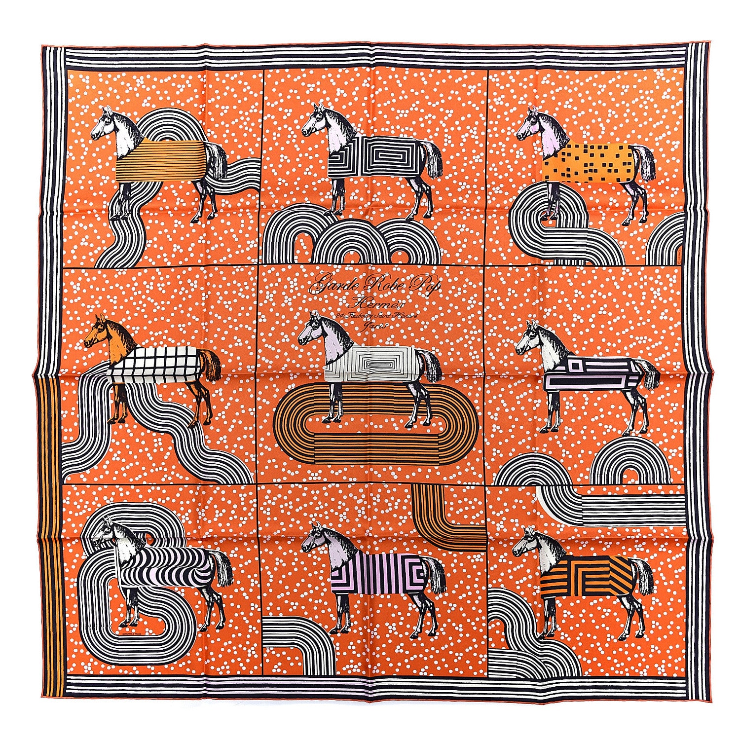 Hermes Silk Garde Robe Pop Scarf 90 Orange Bleu Noir Parme 1 of 6