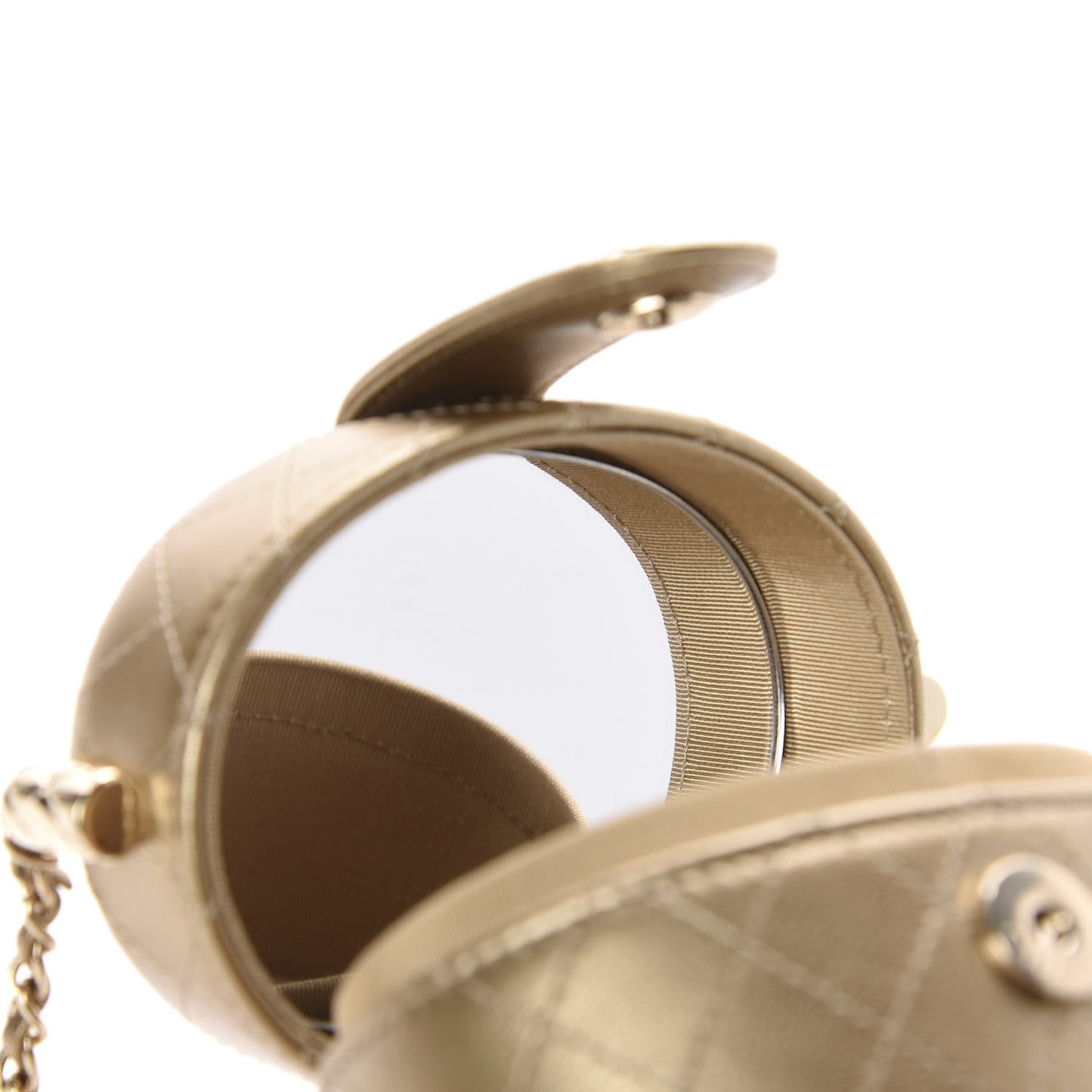 Metallic Lambskin Quilted Round Mini Vanity Case With Chain Gold