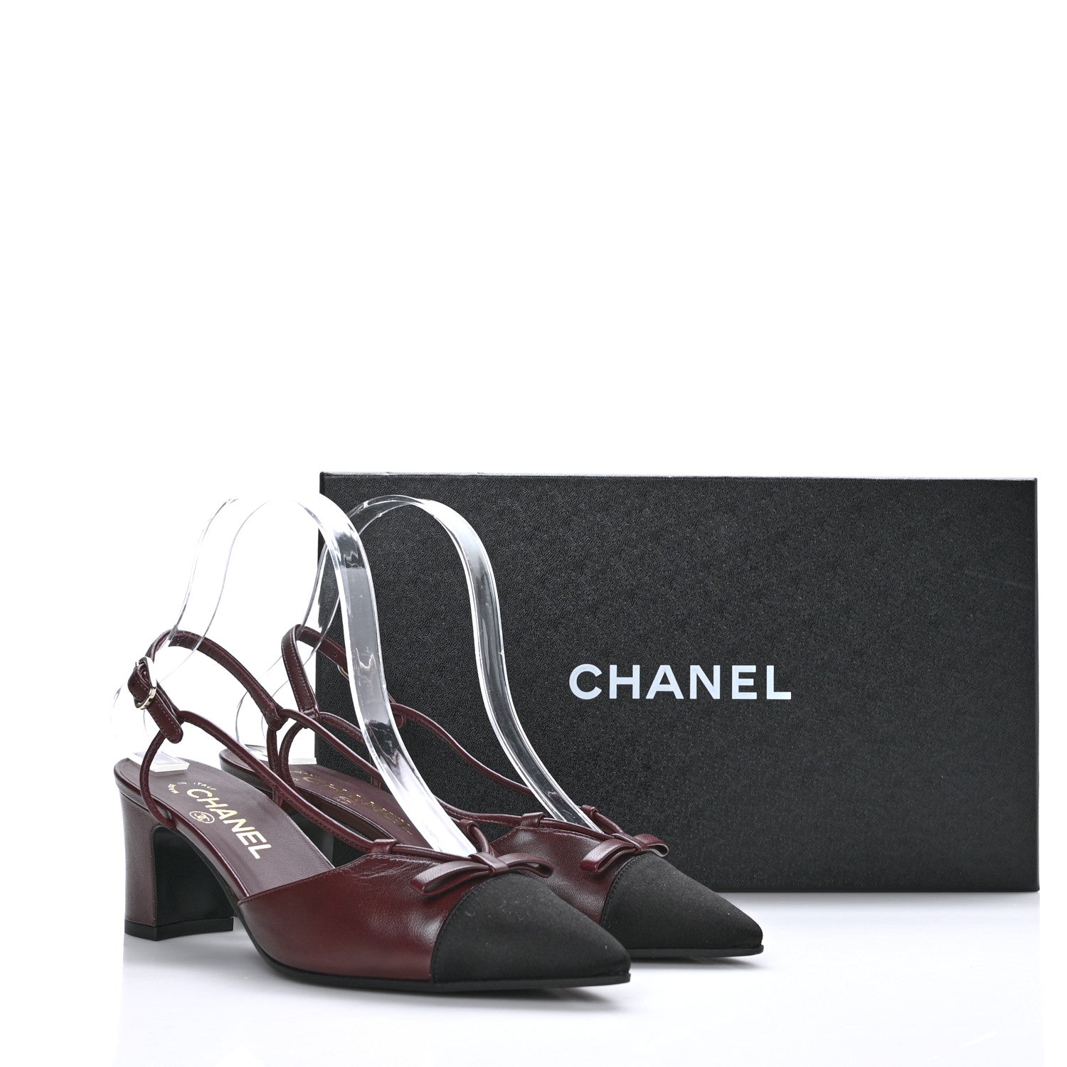Chanel Lambskin Satin Slingback Cap Toe Bow Pumps 37 Burgundy Black 10 of 10