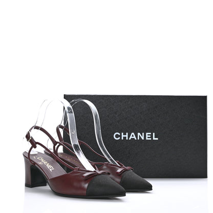 Chanel Lambskin Satin Slingback Cap Toe Bow Pumps 37 Burgundy Black 10 of 10