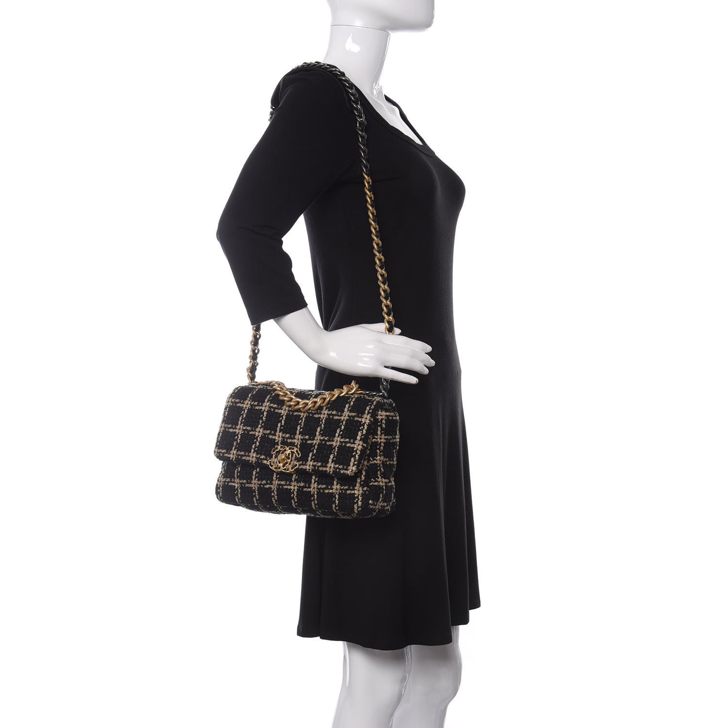 Tweed Quilted Medium Chanel 19 Flap Black Beige