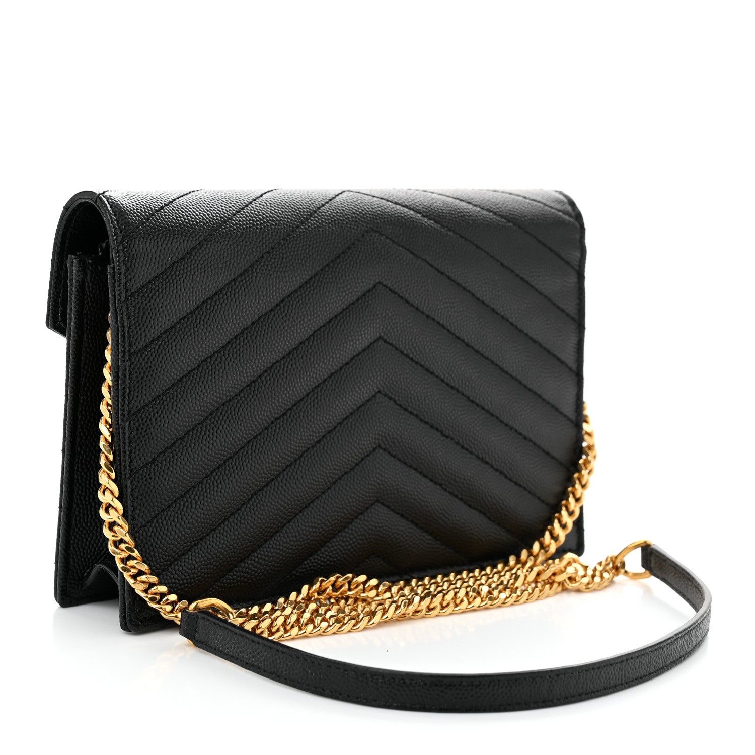 Saint Laurent Grain De Poudre Matelasse Chevron Monogram Envelope Chain Wallet Black 3 of 11