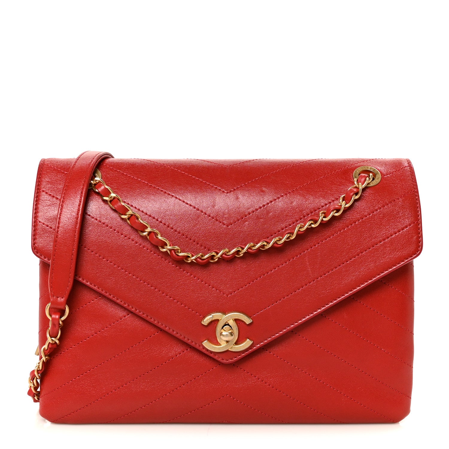 Chanel Lambskin Chevron Stitched Envelope Flap Bag Red 1 of 13
