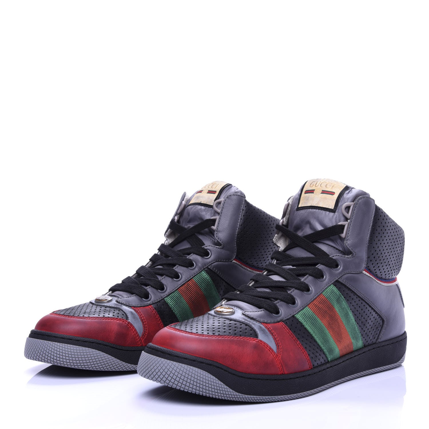 Gucci Miro Soft Calfskin Web Mens Screener High Top Sneakers 9.5 Light Hibiscus Red Black Foggy Grey 3 of 10