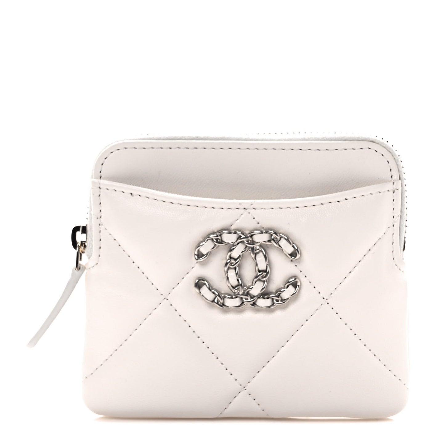 Lambskin Quilted Chanel 19 Zip Card Holder Wallet White