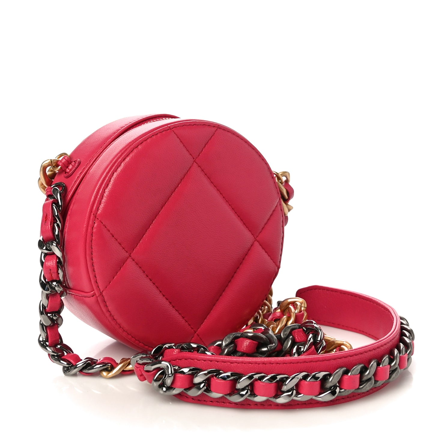 Goatskin Quilted Chanel 19 Round Clutch With Chain Dark Pink