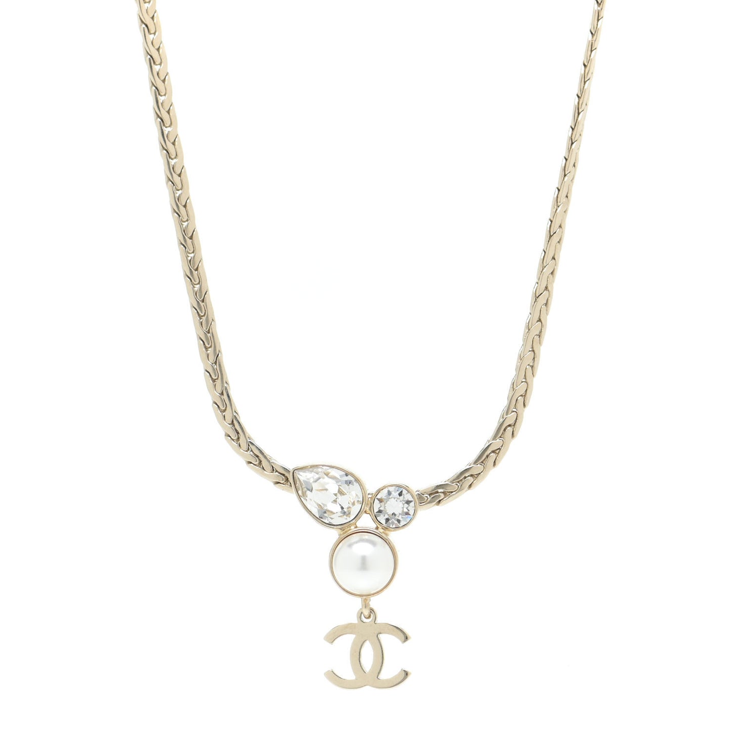 Pearl Crystal CC Teardrop Braided Necklace Gold