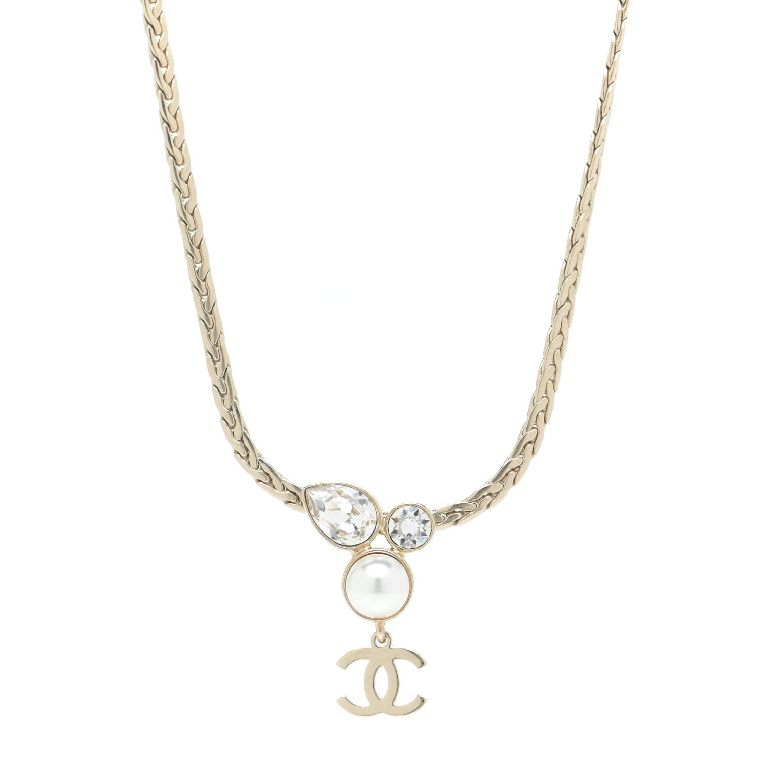 Chanel Pearl Crystal CC Teardrop Braided Necklace Gold 1 of 6
