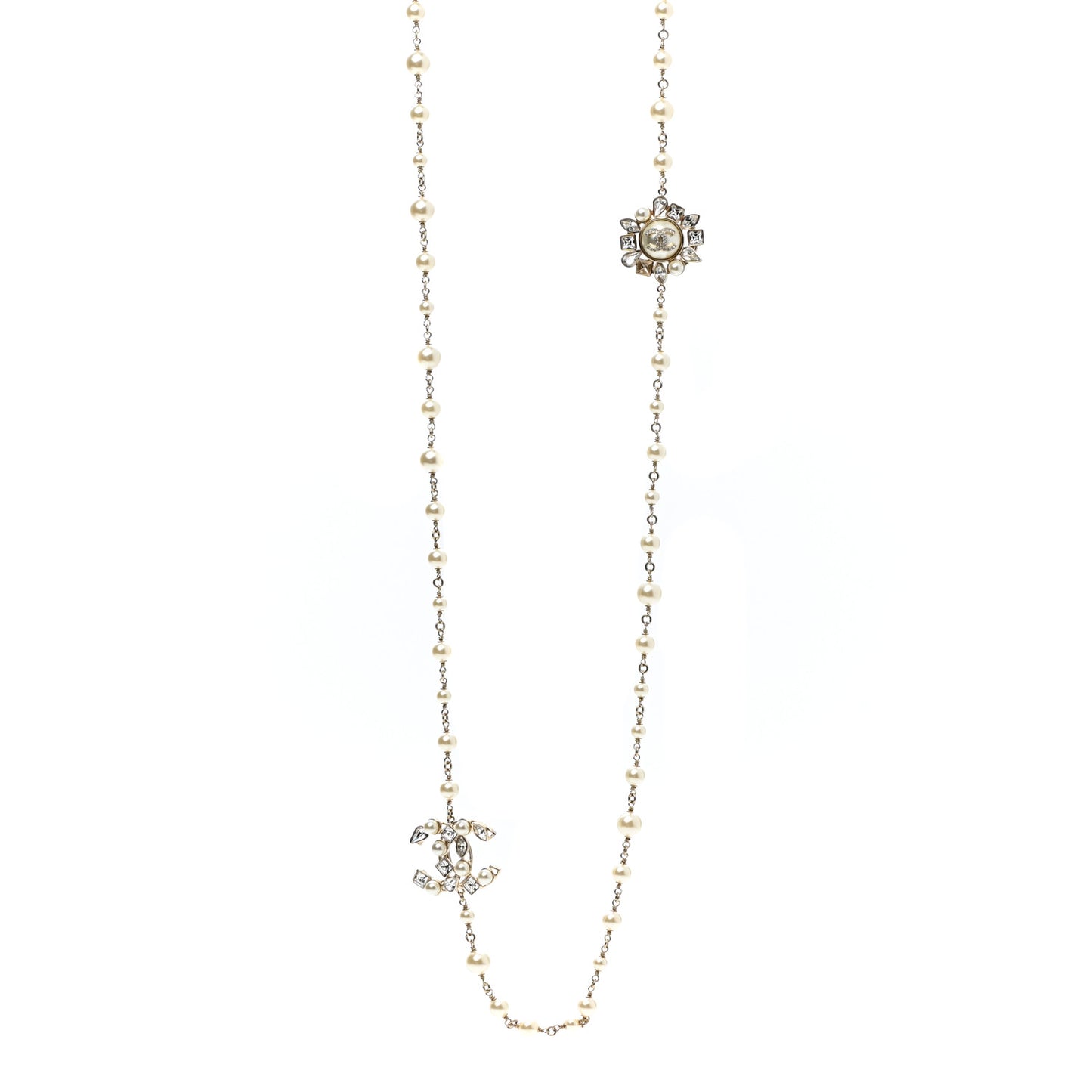 Pearl Crystal CC Snowfall Long Necklace Gold