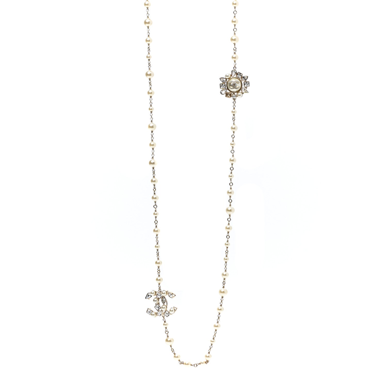 Chanel Pearl Crystal CC Snowfall Long Necklace Gold 1 of 7