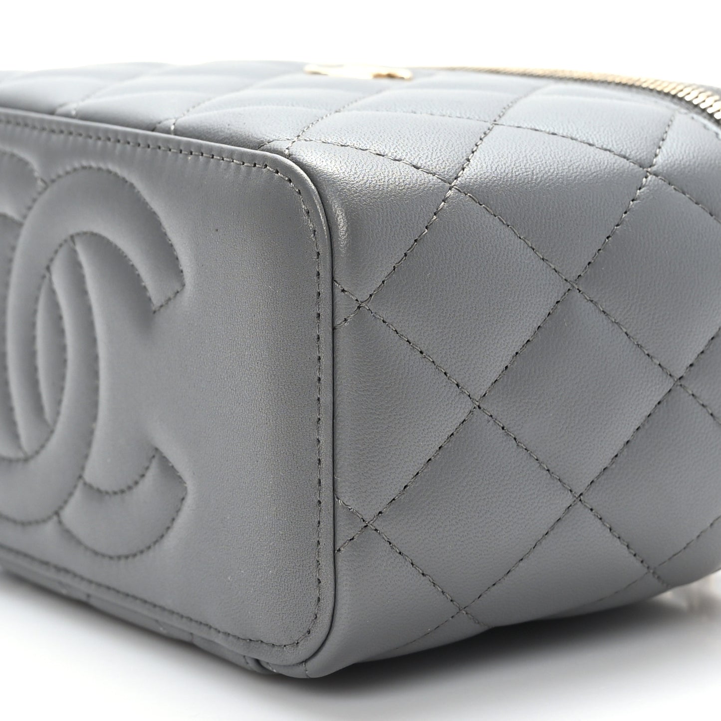 Lambskin Quilted Small Top Handle Vanity Case With Chain Dark Grey