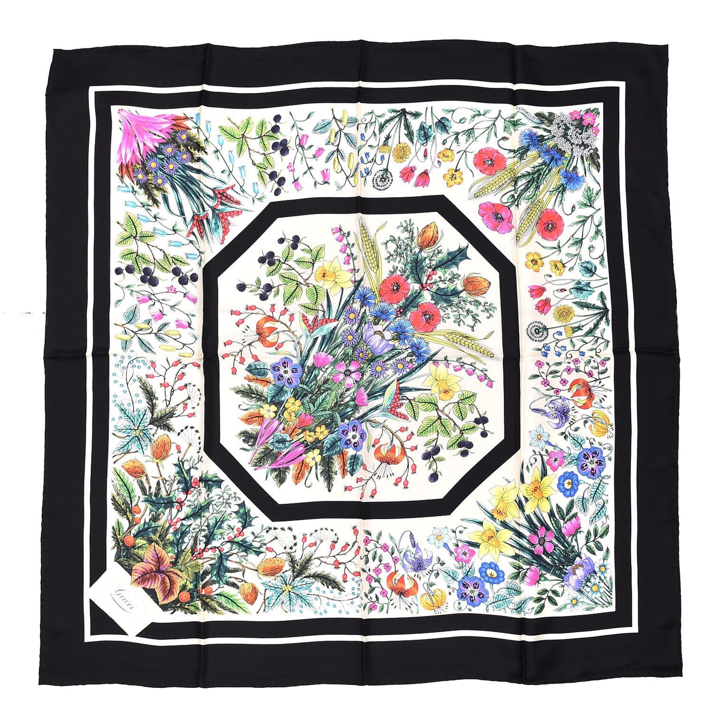 Silk Floral Festival Square Scarf Black Ivory
