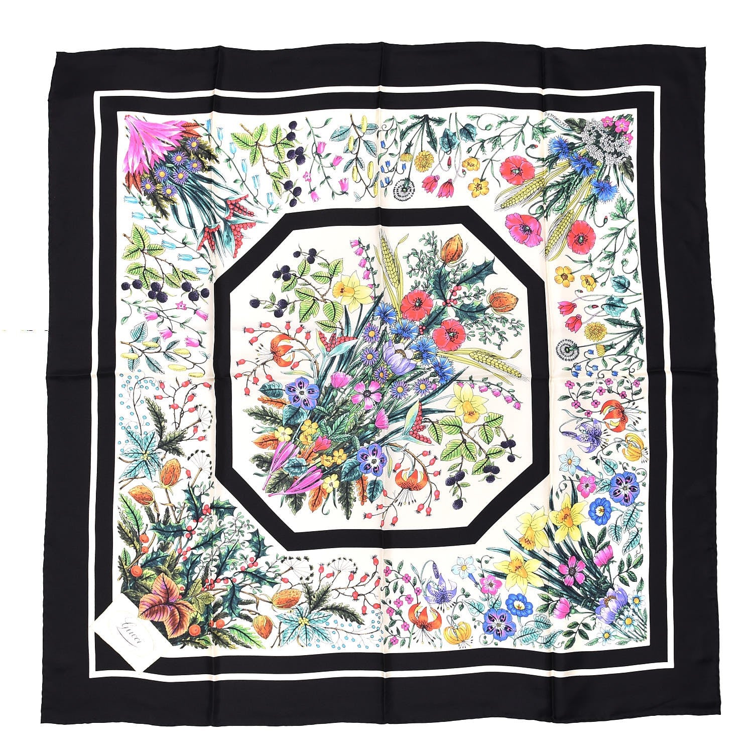 Gucci Silk Floral Festival Square Scarf Black Ivory 1 of 6