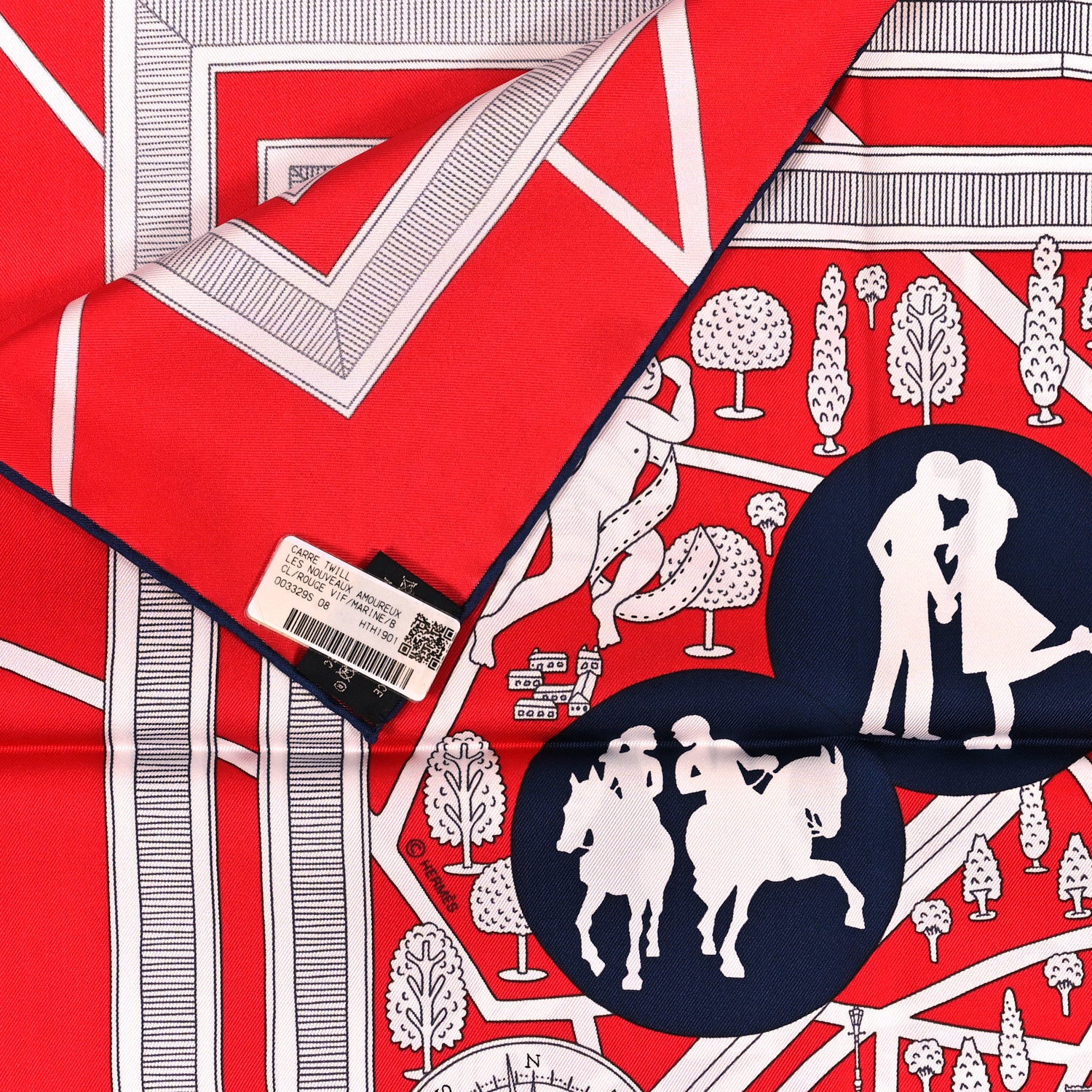 Hermes Silk Les Nouveaux Amoureux de Paris Scarf 90 Rouge Vif Marine Blanc 3 of 4
